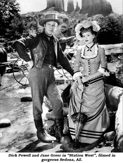 dick Powell and Jane Greer in "Station West", filmed in gorgeous Sedona, AZ.