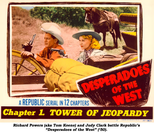 Richard Powers (aka Tom Keene) and Judy Clark battle Republic's "Desperadoes of the West" ('50).