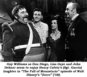 Guy Williams as Don Diego, Lisa Gaye and John Dehner seem to enjoy Henry Calvin's (Sgt. Carcia) laughter in "The Fall of Monastario" episode of Walt Disney's "Zorro" ('58).
