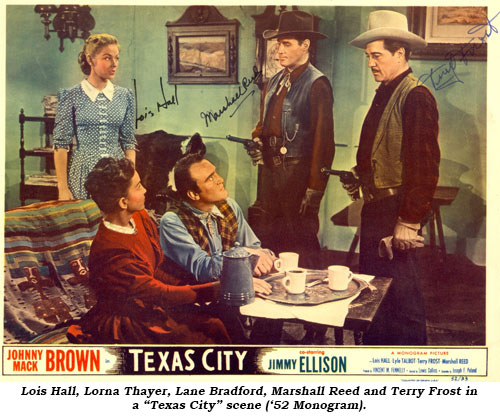Lois Hall, Lorna Thayer, Lane Bradford, Marshall Reed and Terry Frost in a "Texas City" scene ('52 Monogram).
