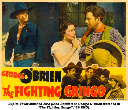 Lupita Tovar shushes Jose (Dick Botiller) as George O'Brien watches in "The Fighting Gringo" ('39 RKO).
