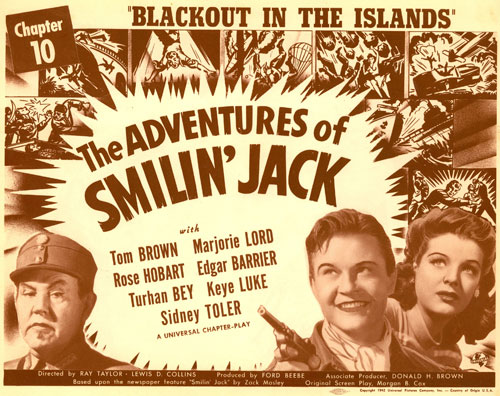 Title card for "The Adventures of Smilin' Jack" with Tom Brown and Marjorie Lord.