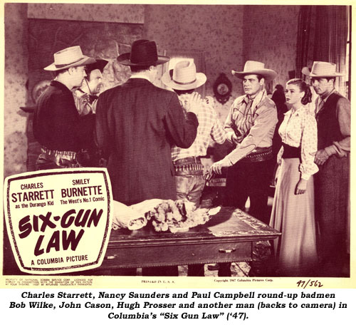 Charles Starrett, Nancy Saunders and Paul Campbell round-up badmen Bob Wilke, John Cason, Hugh Prosser and another man (backs to camera) in Columbia's "Six Gun Law" ('47).