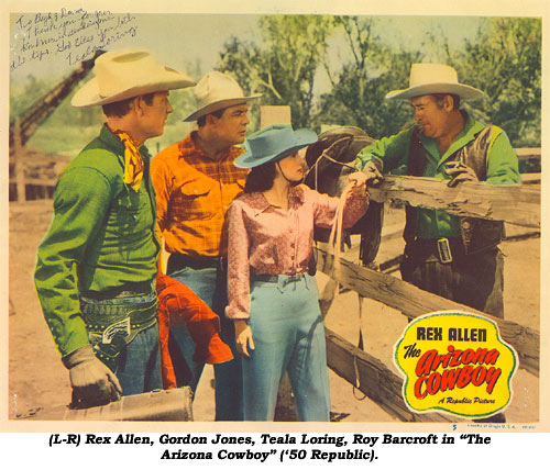 (L-R) Rex Allen, Gordon Jones, Teala Loring, Roy Barcroft in "The Arizona Cowboy" ('50 Republic).