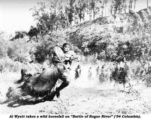 Al Wyatt takes a wild horsefall on "Battle of Rogue River" ('54 Columbia).