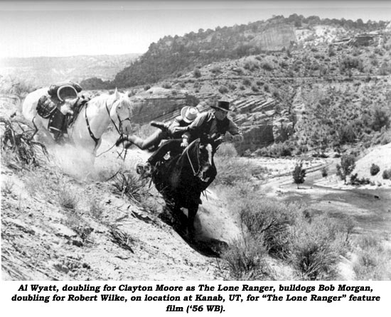 Al Wyatt, doubling for Clayton Moore as The Lone Ranger, bulldogs Bob Morgan, doubling for Robert Wilke, on location at Kanab, UT, for "The Lone Ranger" feature film ('56 WB).