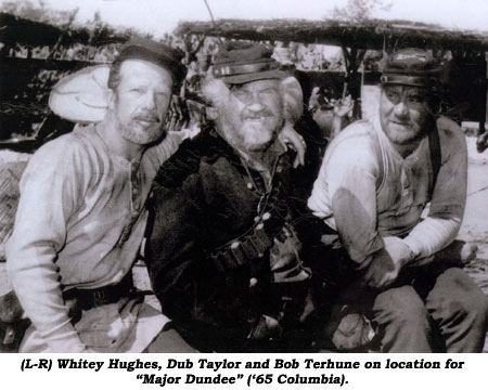 (L-R) Whitey Hughesm, Dub Taylor and Bob Terhune on location for "Major Dundee" ('65 Columbia).