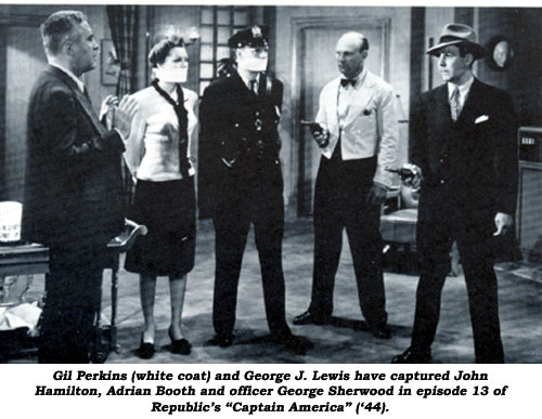 Gil Perkins (white coat) and George J. Lewis have the drop on John Hamilton, Adrian Booth and officer George Sherwood in episode 13 of Republic's "Captain America" ('44).