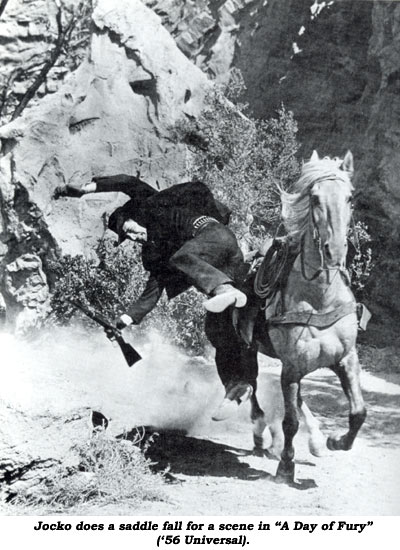 Jocko does a saddle fall for a scene in "A Day of Fury" ('56 Universal).