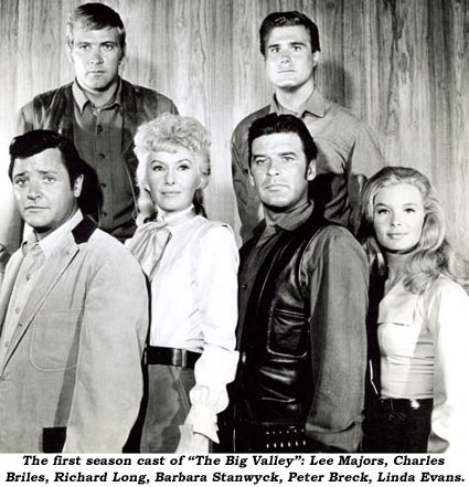 The first season cast of "The Big Valley": Lee Majors, Charles Briles, Richard Long, Barbara Stanwyck, Peter Breck, Linda Evans.