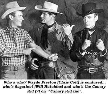 Who's who? Wayde Preston (Chris Colt) is confused...who's Sugarfoot (Wil Hutchins) and who's the Canary Kid (?) in "Sugarfoot: Canary Kid, Inc.".