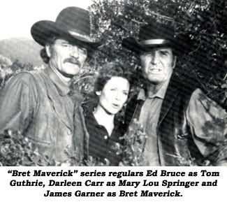 "Bret Maverick" series regulars Ed Bruce as Tom Gutherie, Darleen Carr as Mary Lou Springer and James Garner as Bret Maverick.