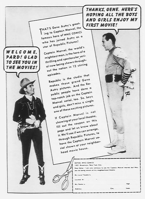 Ad for Republic Pictures' "The Adventures of Captain Marvel" serial. Gene Autry welcomes Captain Marvel to Republic.