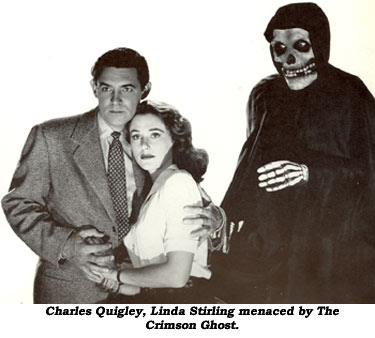 Charles Quigley, Linda Stirling menaced by The Crimson Ghost.