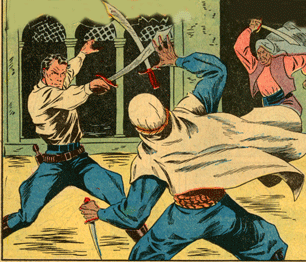 Comic Book panel showing Clayton Moore sword fighting with Arab.