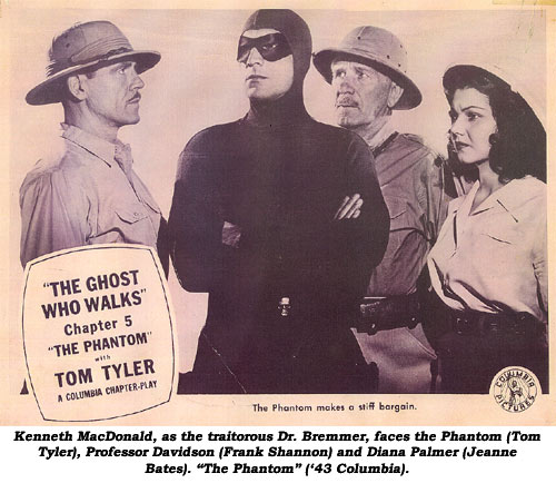 Kenneth MacDonald as the traitorous Dr. Bremmer faces the Phantom (Tom Tyler), Professor Davidson (Frank Shannon) and Diana Palmer (Jeanne Bates). "The Phantom" ('43 Columbia).
