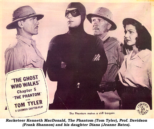 Racketeer Kenneth MacDonald, The Phanom (Tom Tyler), Prof. Davidson (Frank Shannon) and his daughter Diana (Jeanne Bates).