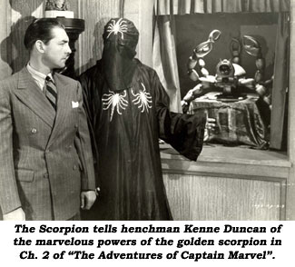 The Scorpion tells henchman Kenne Duncan of the marvelous powers of the golden scorpion in Ch. 2 of "The Adventures of Captain Marvel".