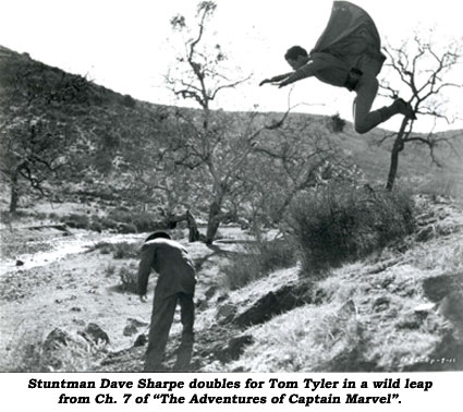 Stuntman Dave Sharpe doubles for Tom Tyler in a wild leap from Ch. 7 of "The Adventures of Captain Marvel".