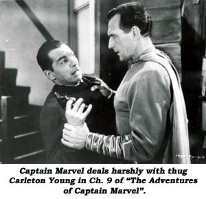 Captian Marvel deals harshly with thug Carlton Young in Ch. 9 of "The Adventures of Captain Marvel".