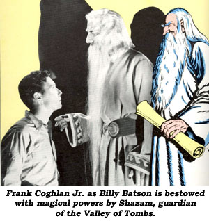 Frank Coghlan Jr. as Billy Batson is bestowed with magical powers by Shazam, guardian of the Valley of Tombs.