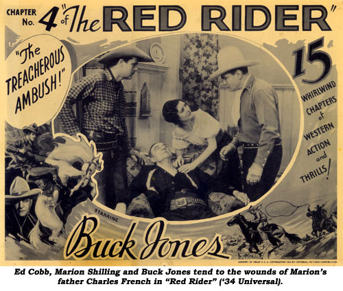 Ed Cobb, Marion Shilling and Buck Jones tend to the wounds of Marion's father Charles French in "Red Rider" ('34 Universal).