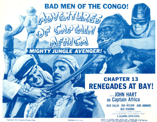 Title card for "Adventures of Captain Africa" Chapter 13 "Renegades at Bay!".