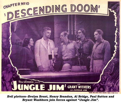 Evil plotters--Evelyn Brent, Henry Brandon, Al Bridge, Paul Sutton and Bryant Washburn join forces against "Jungle Jim".