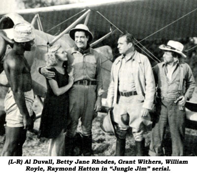 (L-R) Al Duvall, Betty Jane Rhodes, Grant Withers, William Royle, Raymond Hatton in "Jungle Jim" serial.