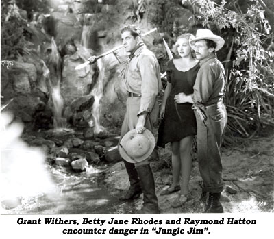 Grant Withers, Betty Jane Rhodes and Raymond Hatton encounter danger in "Jungle Jim".
