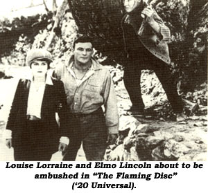 Louise Lorraine and Elmo Lincoln about to be ambushed in "The Flaming Disc" ('20 Universal).