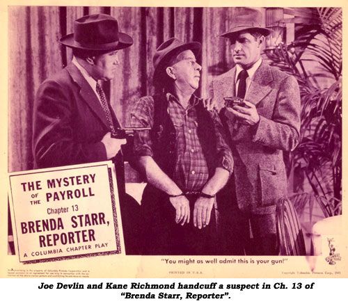 Joe Devlin and Kane Richmond handcuff a suspect in Ch. 13 of "Brenda Starr, Reporter".
