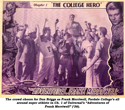 The crowd cheers for Don Briggs as Frank Merriwell, Fardale College's all around super athlete in Ch. 1 of Universal's "Adventures of Frank Merriwell" ('36).