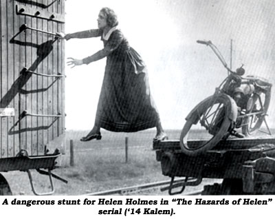 A dangerous stunt for Helen Holmes in "The Hazards of Helen" serial ('14 Kalem).