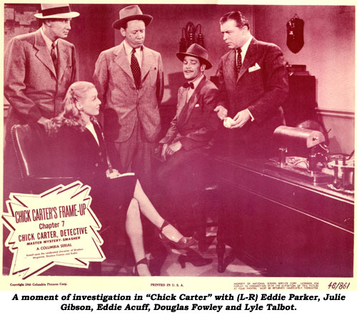 A moment of investigation in "Chick Carter" with (l-r) Eddie Parker, Julie Gibson, Eddie Acuff, Douglas Fowley and Lyle Talbot.