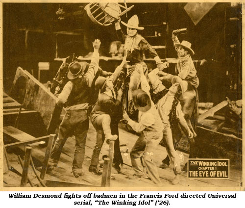 William Desmond fights off badmen in the Francis Ford directed Universal serial, "The Winking Idol" ('26).