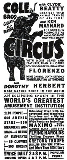 Ad for Cole Bros. Circus featuring Dorothy Herbert.