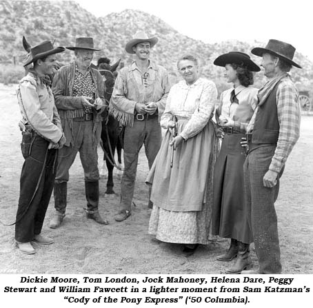 Dickie Moore, Tom London, Jock Mahoney, Helena Dare, Peggy Steward and William Fawcett in a lighter moment from Sam Katzman's "Cody of the Pony Express" ('50 Columbia).