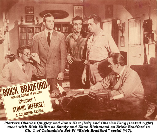 Plotters Charles Quigley and John Hart (left) and Charles King (seated right) meet with Rick Vallin as Sandy and Kane Richmond as Brick Bradford in Ch. 1 of Columbia's Sci-fi "Brick Bradford" serial ('47).