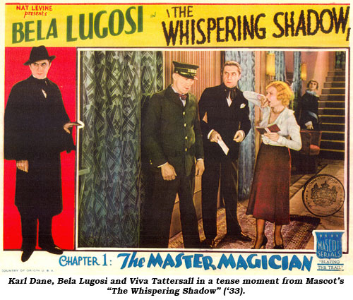 Karl Dane, Bela Lugosi and Viva Tattersall in a thense moment from Mascot's "The Whispering Shadow" ('33).