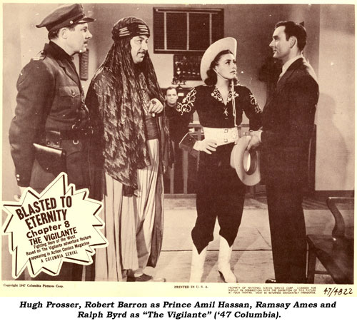 "Brick Bradford" (Kane Richmond) and Pierre Watkin address the Moon Queen (Carol Forman) as (L-R) Gene Roth, unknown girl, Robert Barron as Zuntar, and John Merton watch attentively.