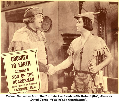 Robert Barron as Lord Medford shakes hands with Robert (Bob) Shaw as David Trent--"Son of the Guardsman".