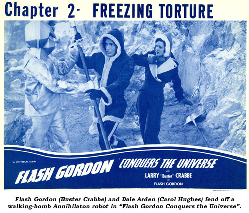 Flash Gordon (Buster Crabbe) and Dale Arden (Carol Hughes) fend off a walking-bomb Annihilaton robot in "Flash Gordon Conquers the Universe".
