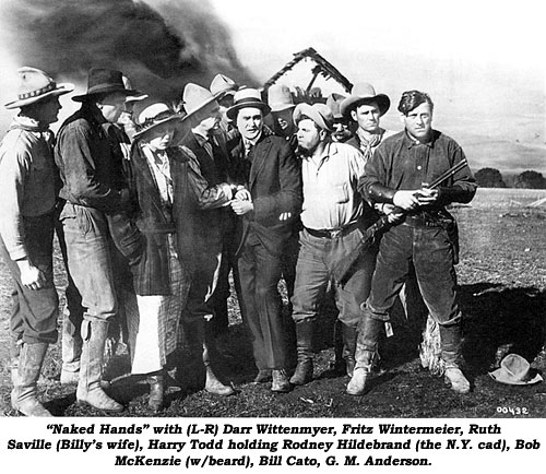 "Naked Hands" with (L-R) Darr Wittenmyer, Fritz Wintermeier, Ruth Saville (Billy's wife), Harry Todd holding Rodney Hildebrand (the N.Y. cad), Bob McKenzie (w/beard), Bill Cato, G. M. Anderson.
