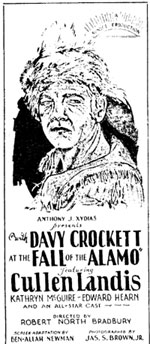 Newspaper ad for "With Davy Crockett at the Fall of the Alamo" starring Cullen Landis.