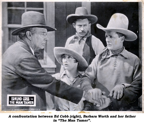 A confrontation between Ed Cobb (right), Barbara Worth and her father in "The Man Tamer".