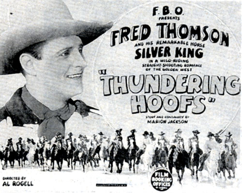 Lobby card for "Thundering Hoofs" starring Fred Thomson and his remarkable horse Silver King.