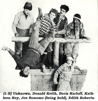 (L-R) Unknown, Donald Keith, Boris Karloff, Kathleen Key, Joe Bonomo (being held), Edith Roberts.