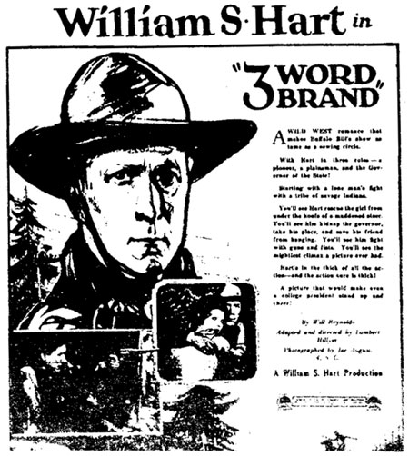 Newspaper ad for "Three Word Brand" starring William S. Hart.