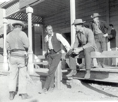 Kelo Henderson and Stewart Granger take a break from filming "Gun Glory" ('57 MGM). Kelo instructed Granger on the proper handling of a six-gun, including fast draw technique.